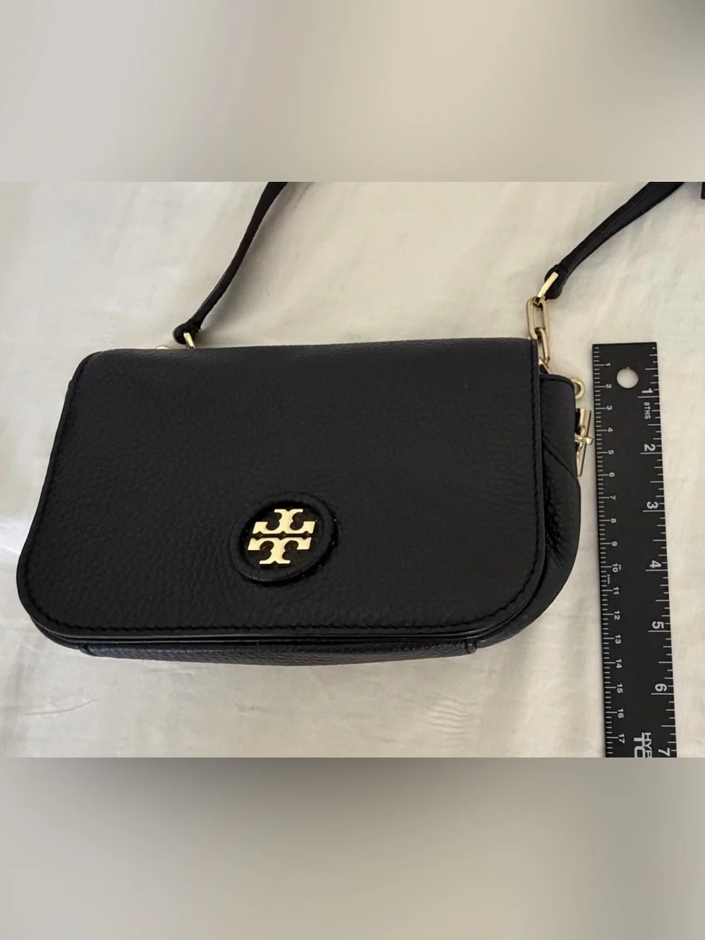 Tory Burch Black Pebbled Leather Logo Crossbody with Chain Strap